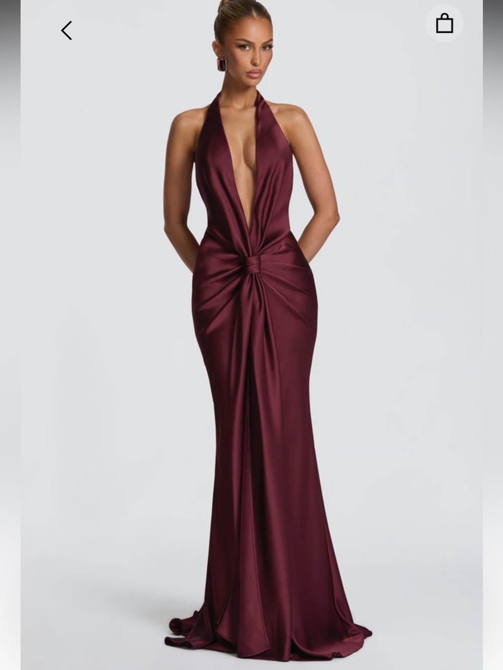 Baby Boo Plunging Halter Knot-Front Evening Gown in Burgundy bridesmaid dress